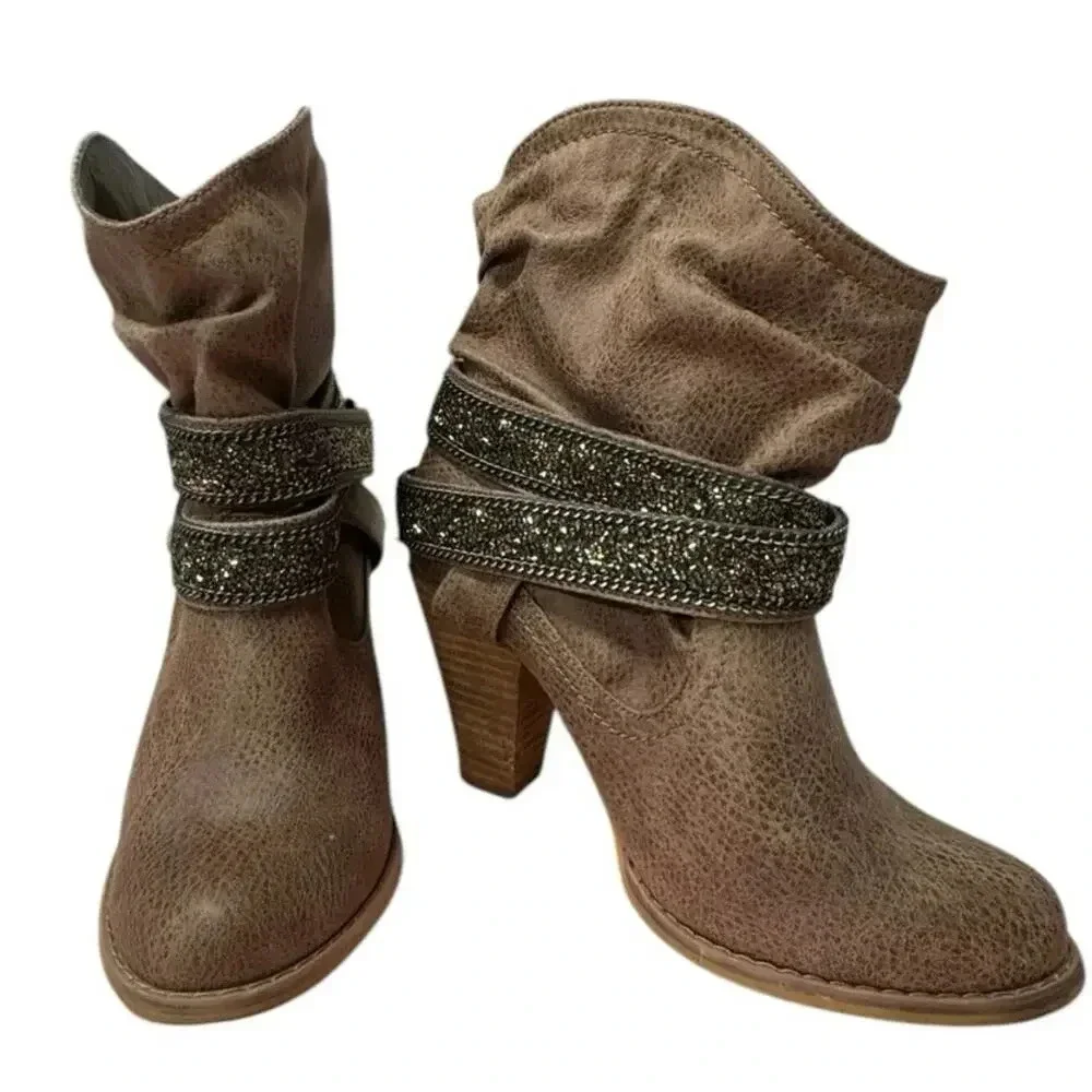 Not Rated Brown western-style ankle boots with embellished straps. Size 8